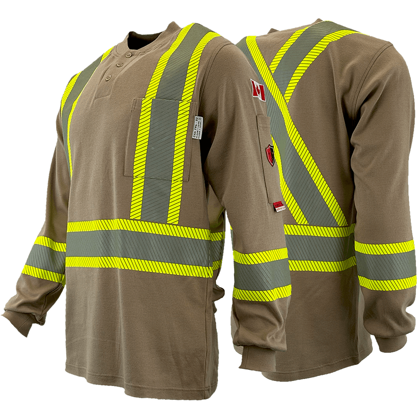 Atlas AR/FR kHAKI Henley Shirts with 4” Segmented Striping 4034kk